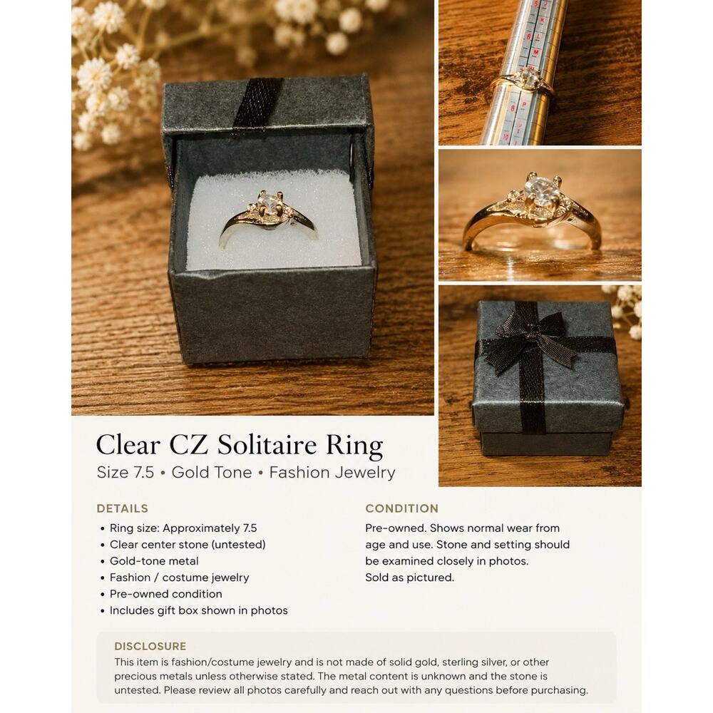 Clear CZ Solitaire Ring Size 7.5 Gold Tone Engagement Style Fashion Jewelry
